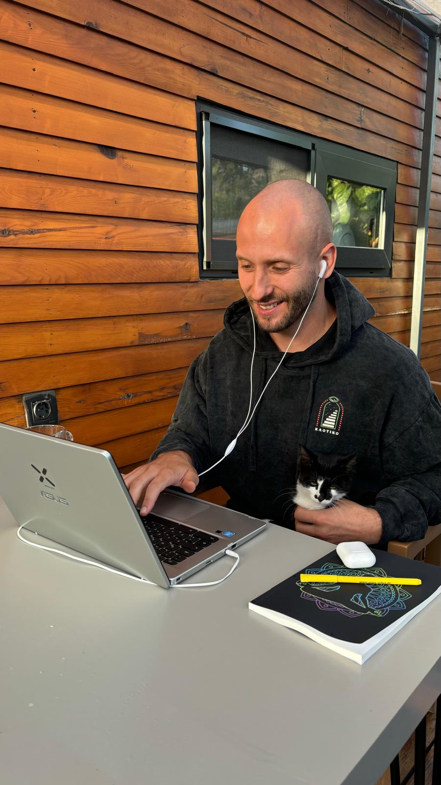 Outdoor workspace with laptop and kitten